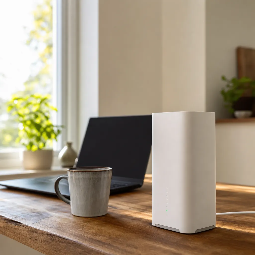 En 5G-router och ett SIM-kort på ett ljust skrivbord — typiskt 200 GB-datasim-setup i ett svenskt hem