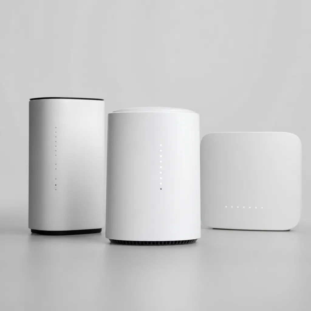 Tre 4G-routrar — Huawei B535, ZTE MF286 och Netgear Nighthawk M3 — uppställda på en ljus köksbänk