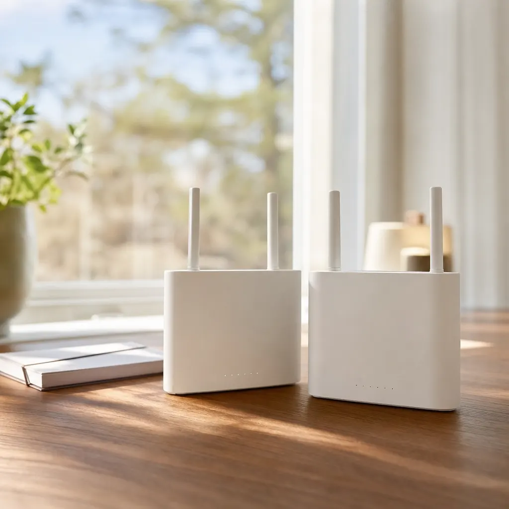 Fem olika 5G-routrar uppställda på ett ljust träbord — Inseego, ZTE, Huawei, TP-Link och Netgear sida vid sida