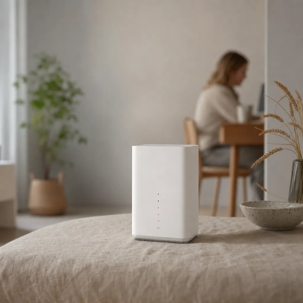Generisk vit 5G-router med två externa antenner på en bokhylla i ett ljust svenskt vardagsrum