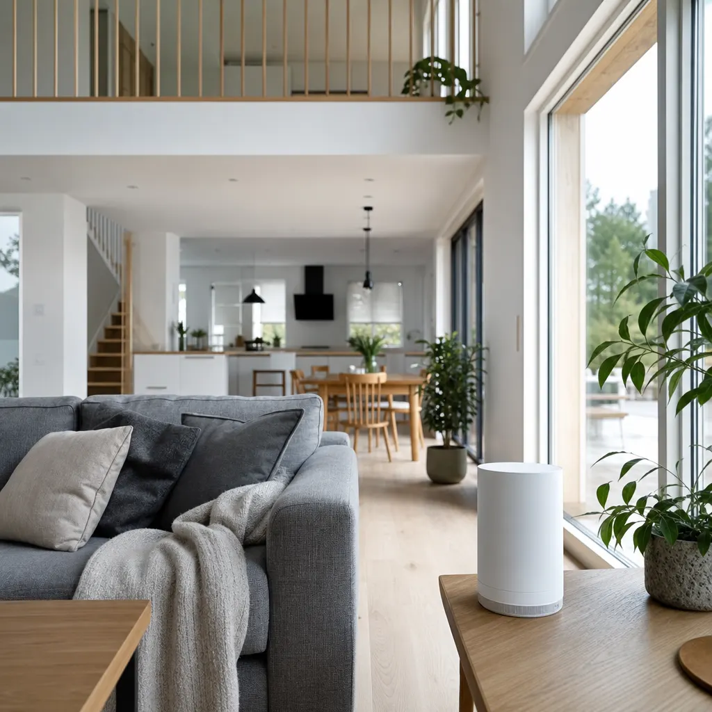 En stor svensk villa i två plan med utomhusantenn på taket, 5G-router i central plats och mesh-noder fördelade i bostaden