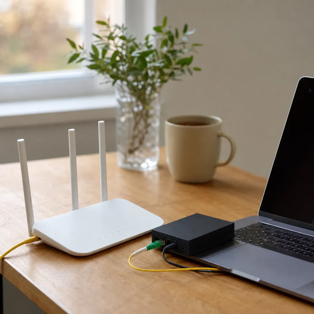 5G-router och fiberkonverter sida vid sida på en svensk hemmavägg — symboliserar valet mellan teknikerna