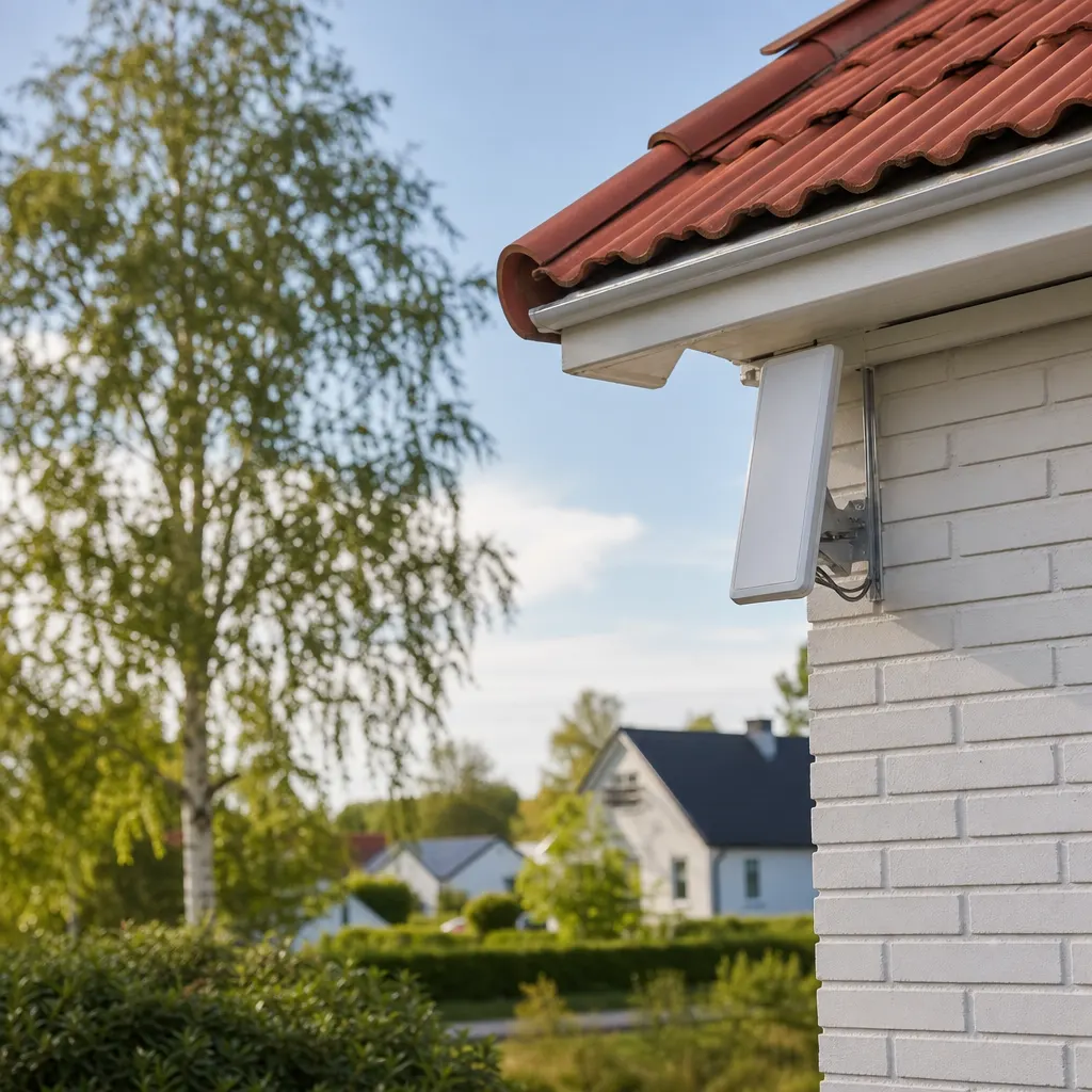 Bredbandig MIMO-utomhusantenn monterad på en stång på en svensk villa, med två kabelpiskor som leder in genom fasaden till en 5G-router