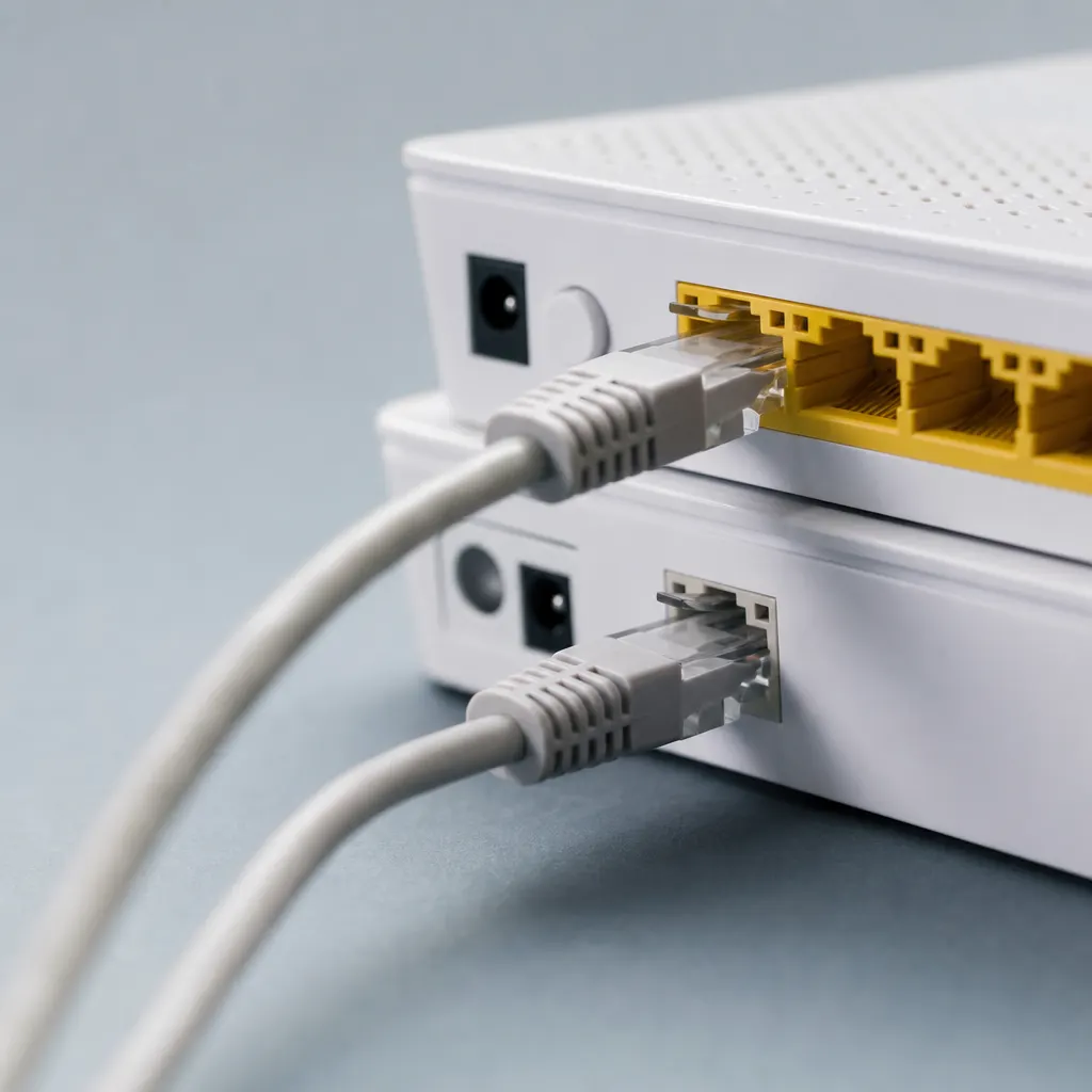 Två routrar bredvid varandra på ett vitt skrivbord — en 5G-router i bridge mode kopplad via Ethernet till en wifi-router
