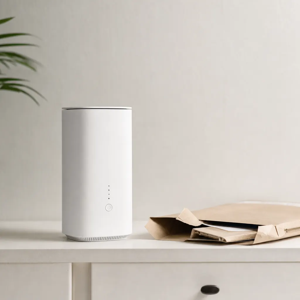 Vit 5G-router placerad i ett fönster i en svensk lägenhet med utsikt över en gata i tätort
