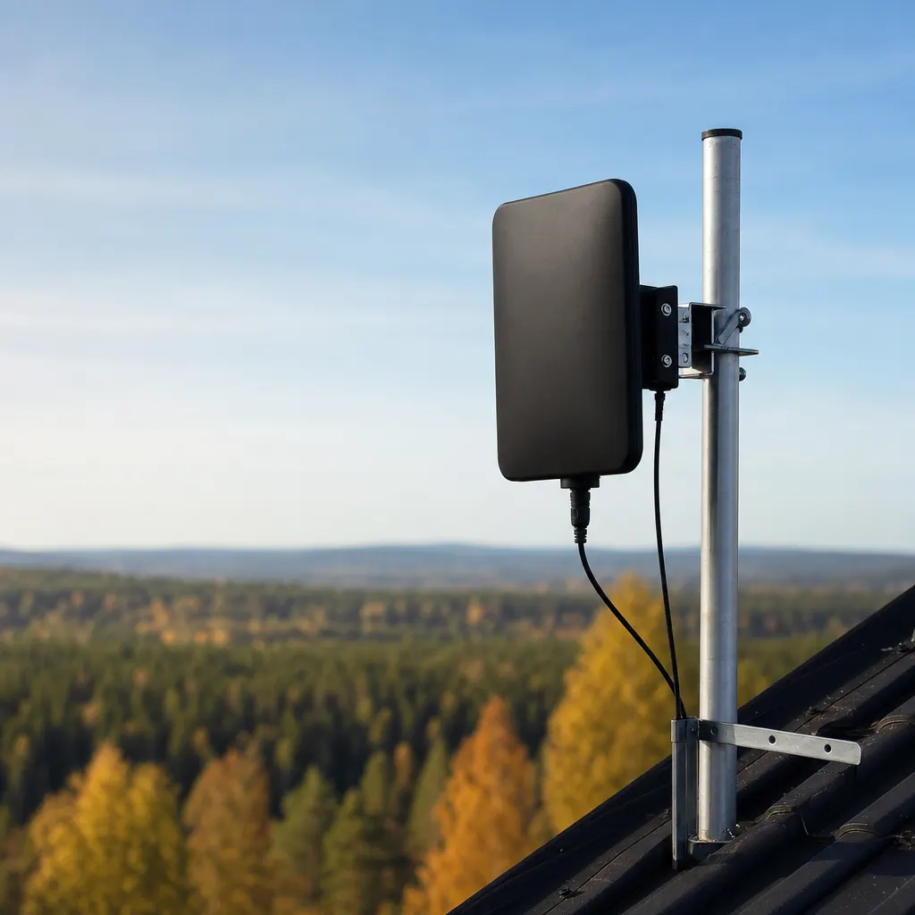 Två svarta SMA-uttag synliga på baksidan av en 4G-router där gummipluggar tagits loss, med två kabelpiskor från en utomhusantenn anslutna