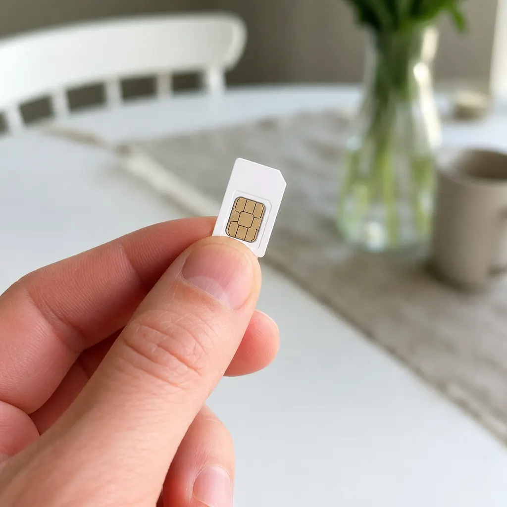SIM-kort placerat bredvid en mobilrouter på ett skrivbord i ett ljust svenskt hem