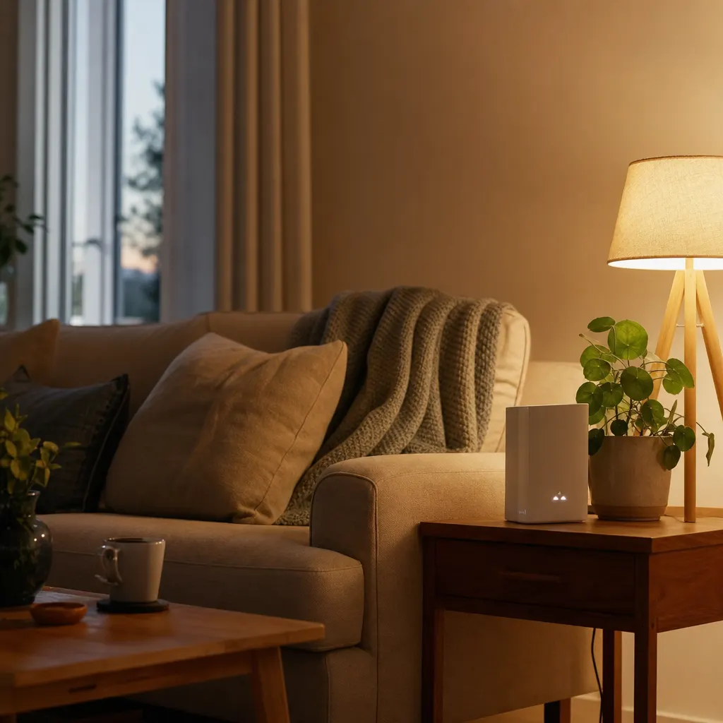 En generisk 5G-router i ett ljust vardagsrum med dator och TV i bakgrunden, illustrerar hemmabredband via mobilnätet