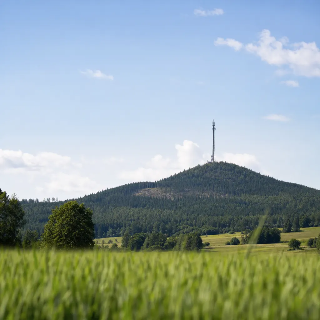 En vit 5G-router står på en bokhylla i ett svenskt vardagsrum bredvid ett fönster, med en 5G-mast synlig i fjärran genom rutan