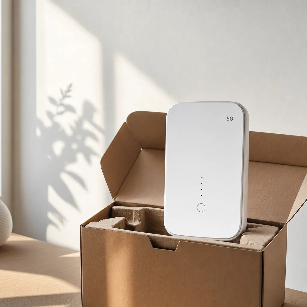 En person sätter försiktigt in ett nano-SIM i baksidan av en 5G-router som ligger på en köksbänk