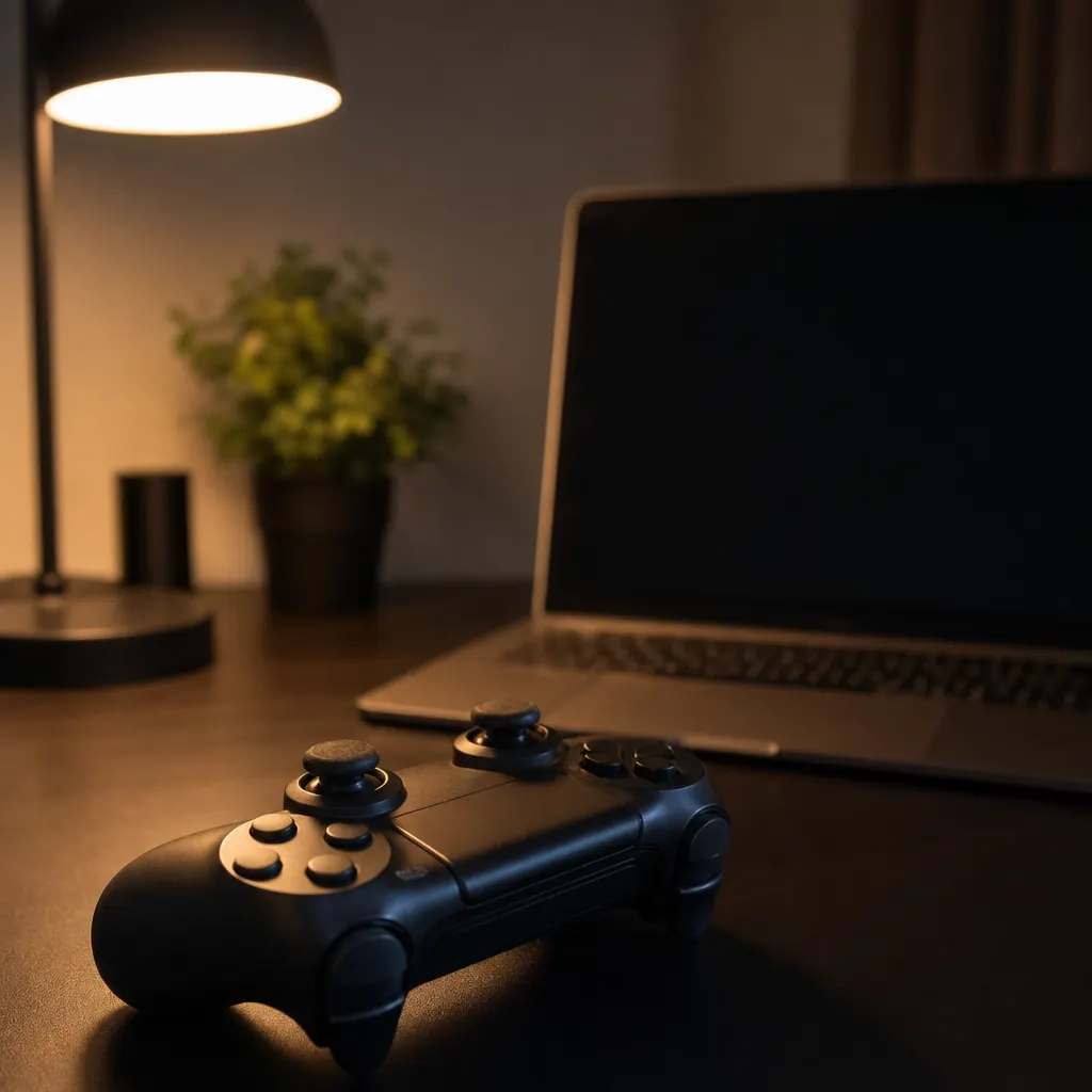 Gamingsetup med PS5 och en stor skärm i ett svenskt vardagsrum, en 5G-router i bakgrunden