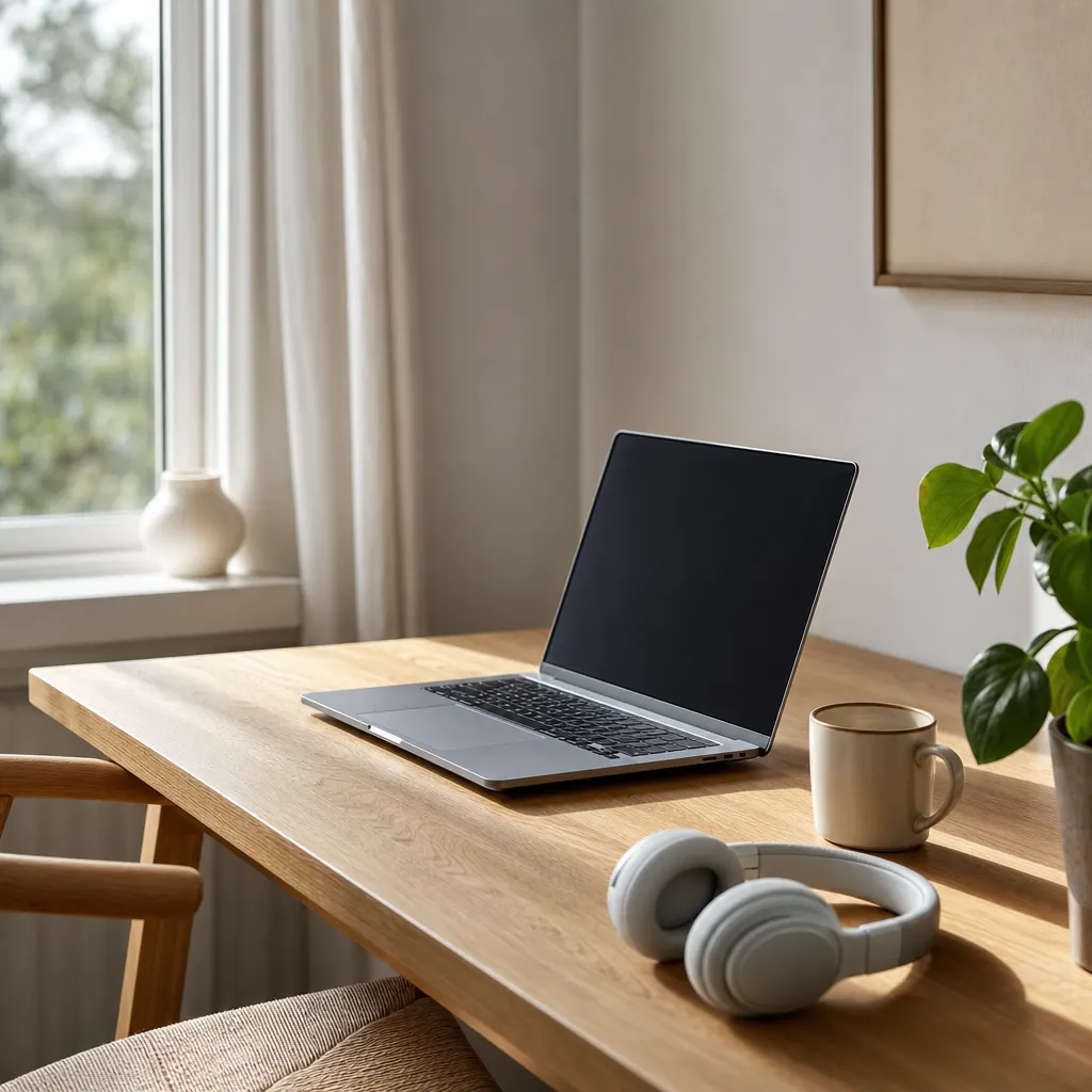 Hemmakontor med laptop i Teams-möte, en 5G-router placerad vid fönstret bredvid