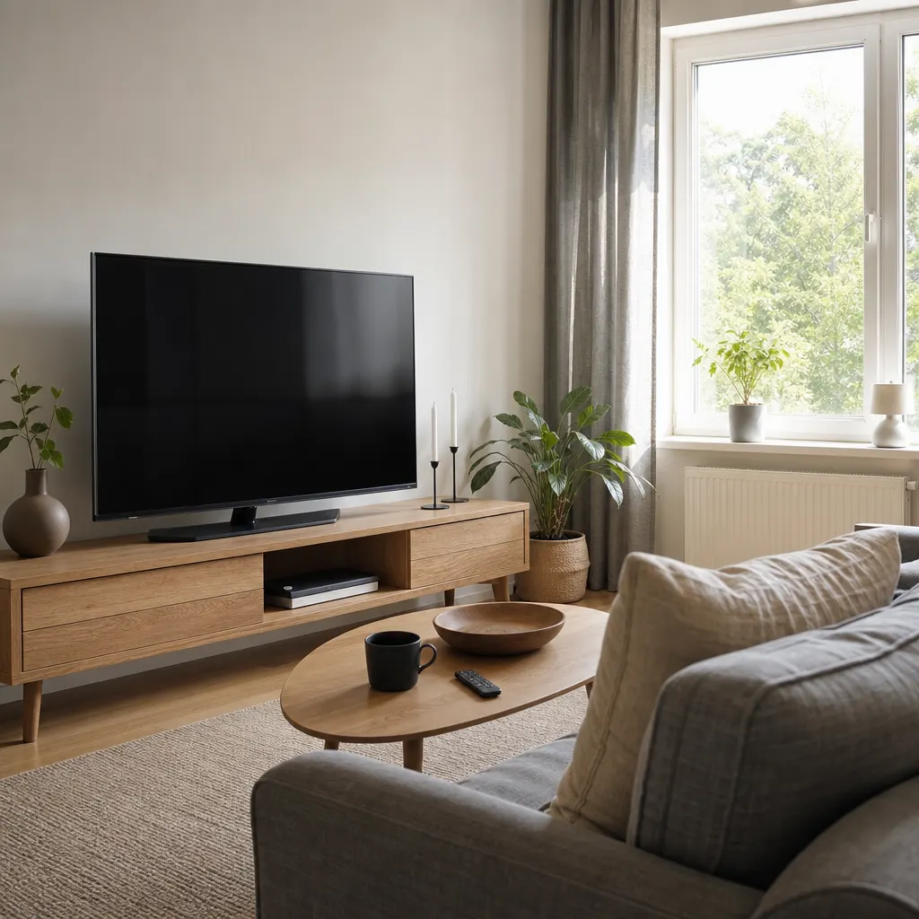 En 65-tums SmartTV i ett svenskt vardagsrum spelar upp en serie i 4K, en 5G-router i bakgrunden