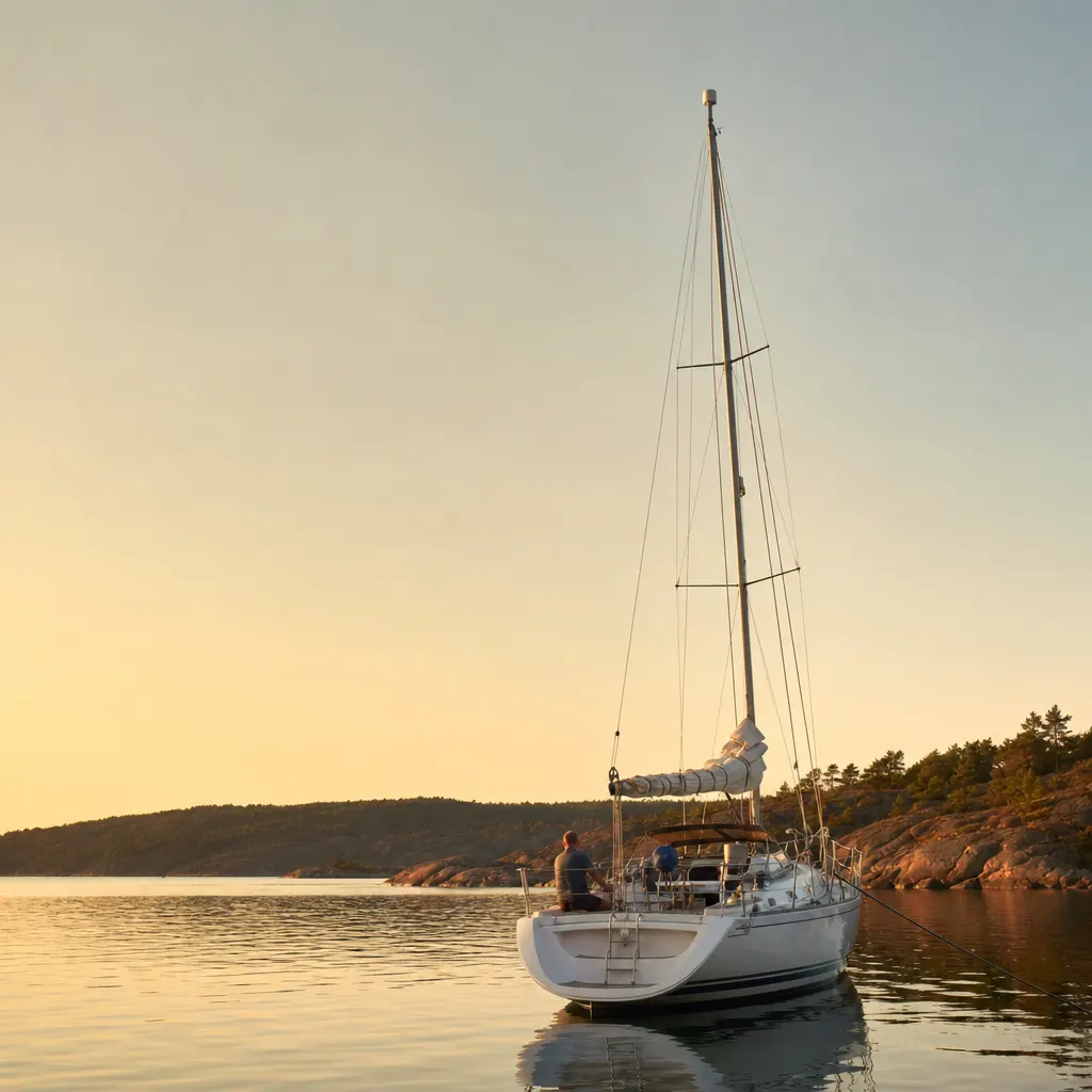 En svensk segelbåt med en synlig omni-antenn på masttoppen, blå vatten och ljus himmel i bakgrunden