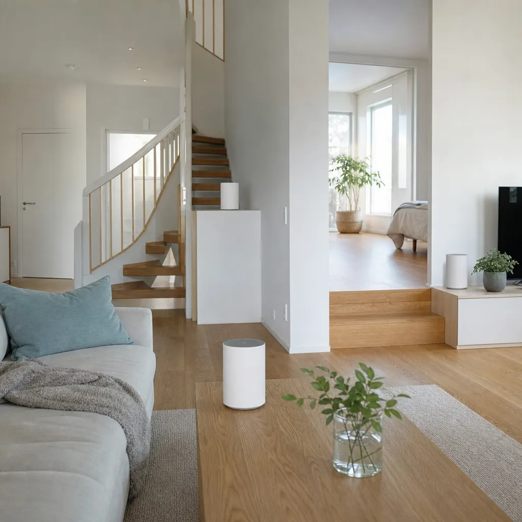 En 5G-router och tre mesh-noder utplacerade på olika våningar i en svensk villa, sammankopplade med Ethernet-kabel