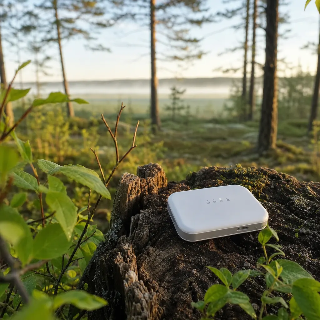 En liten MiFi-router i handen vid en sjöstrand med båt i bakgrunden — fickformat 5G med inbyggt batteri