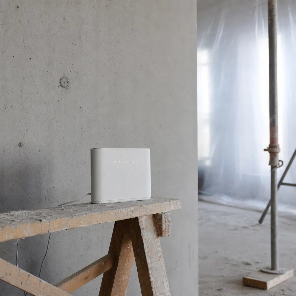Robust industri-router i metallhölje placerad på ett tillfälligt arbetsbord på en byggarbetsplats