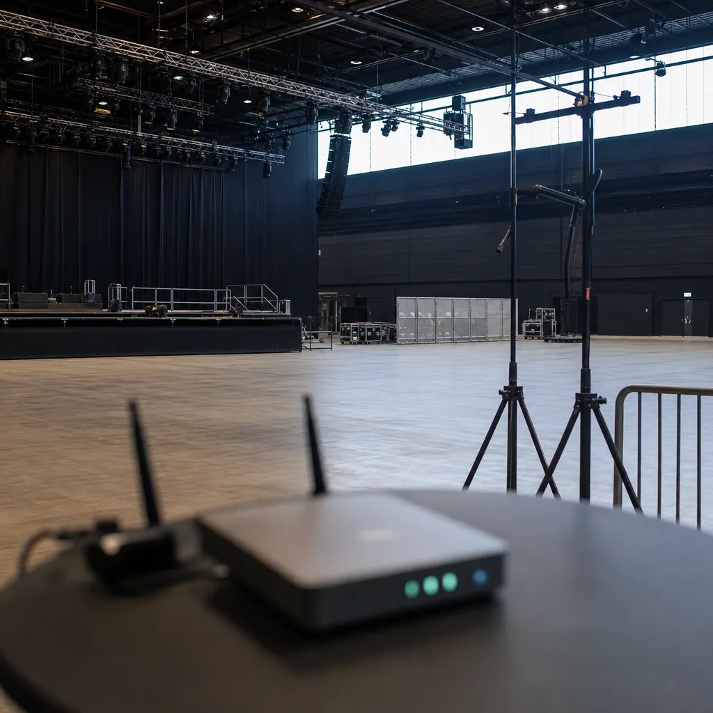 Tekniker som installerar en svart 5G-router bakom en monterscen på en mässhall
