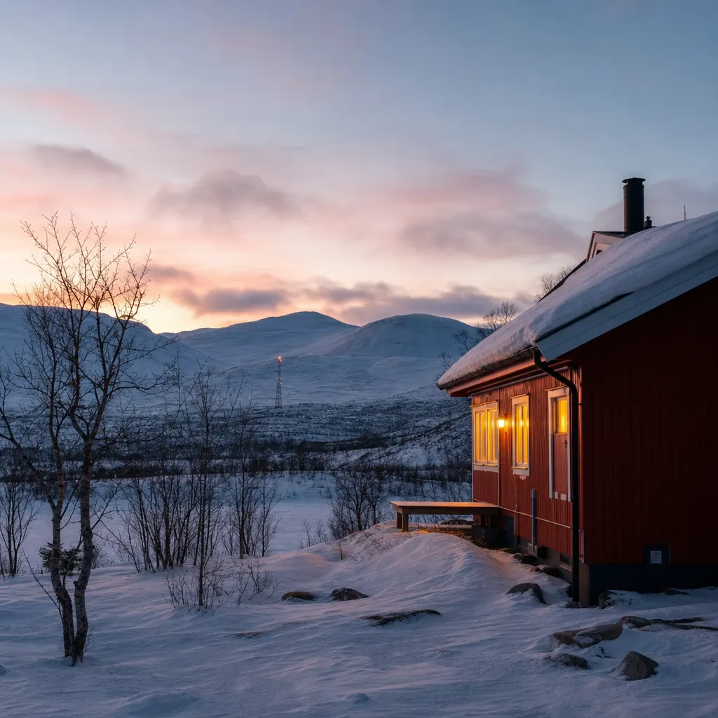 Röd fjällstuga med snö på taket och en liten utomhusantenn riktad mot dalöppningen