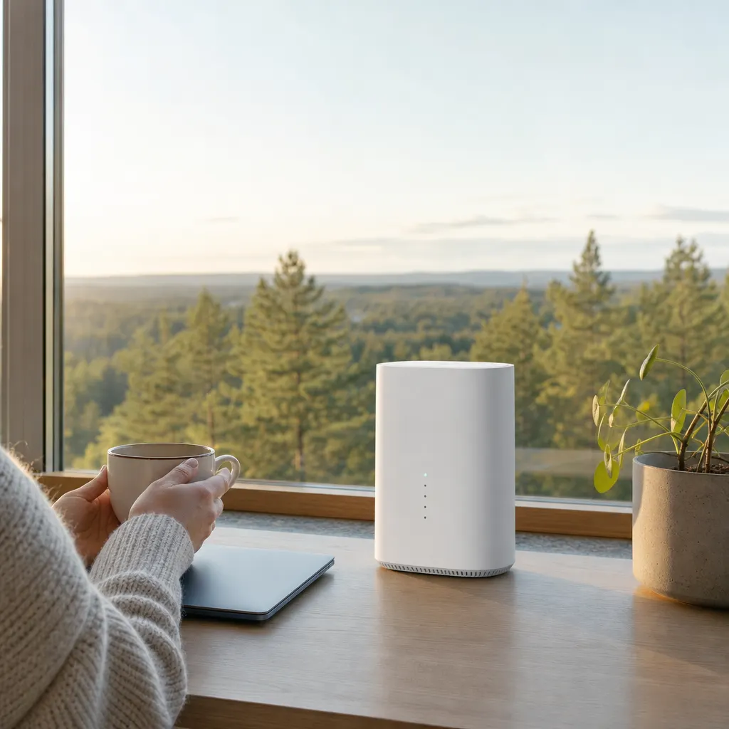 Familj som streamar 4K-film i ett ljust svenskt vardagsrum med en generisk 5G-router synlig i bakgrunden