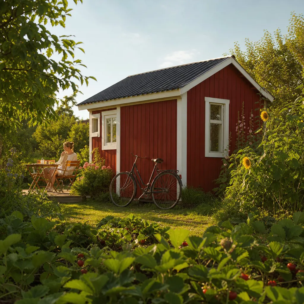 Liten röd kolonistuga med solpanel på taket och en svart 4G-router synlig genom fönstret