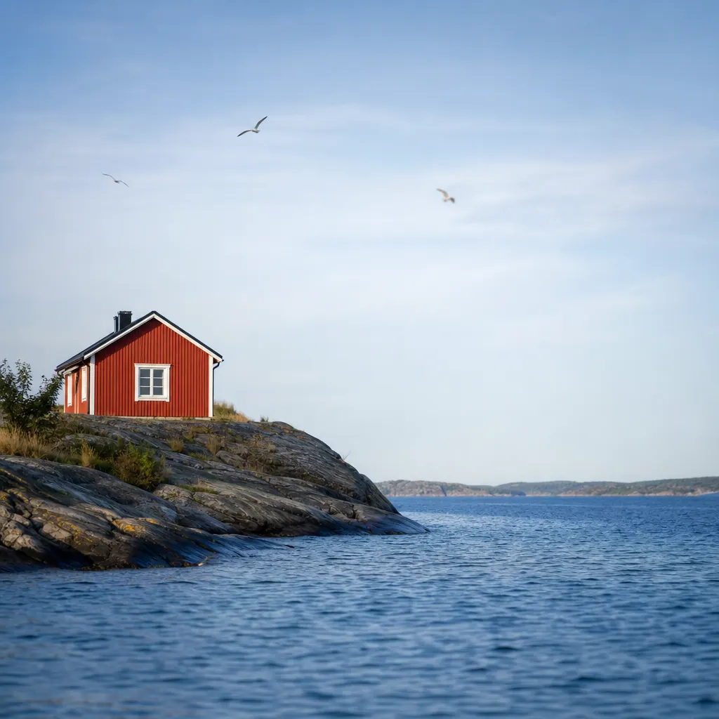 Vit 5G-router på fönsterbänk i en röd skärgårdsstuga med utsikt över havet