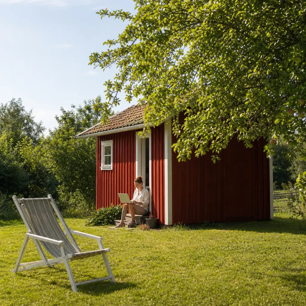 Liten trädgårdskoja i grön omgivning med en kompakt vit 4G-router synlig genom fönstret