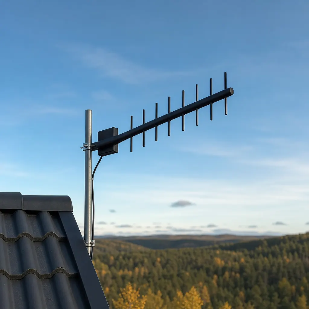 En MIMO-Yagi-riktantenn monterad på en stång på taket av en svensk villa, pekande mot en 5G-mast i fjärran