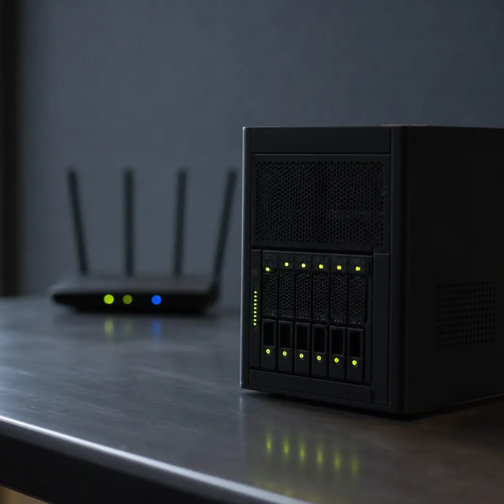 En 5G-router på en hylla i ett svenskt hemmakontor med en bärbar dator som visar en publik IP-adress i en webbläsares whatismyip-sida