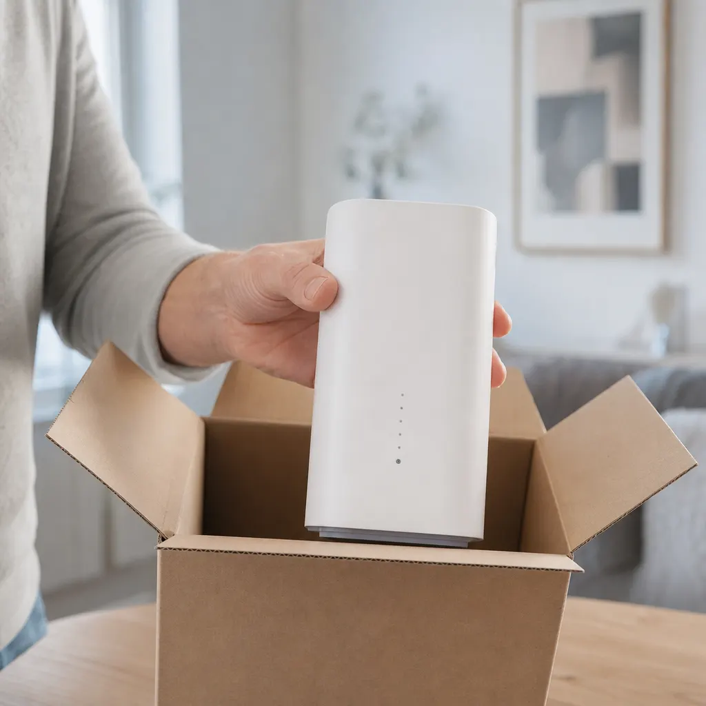 Modern 5G-router på ett skrivbord vid ett fönster i ett svenskt radhus med utsikt över ett bostadsområde