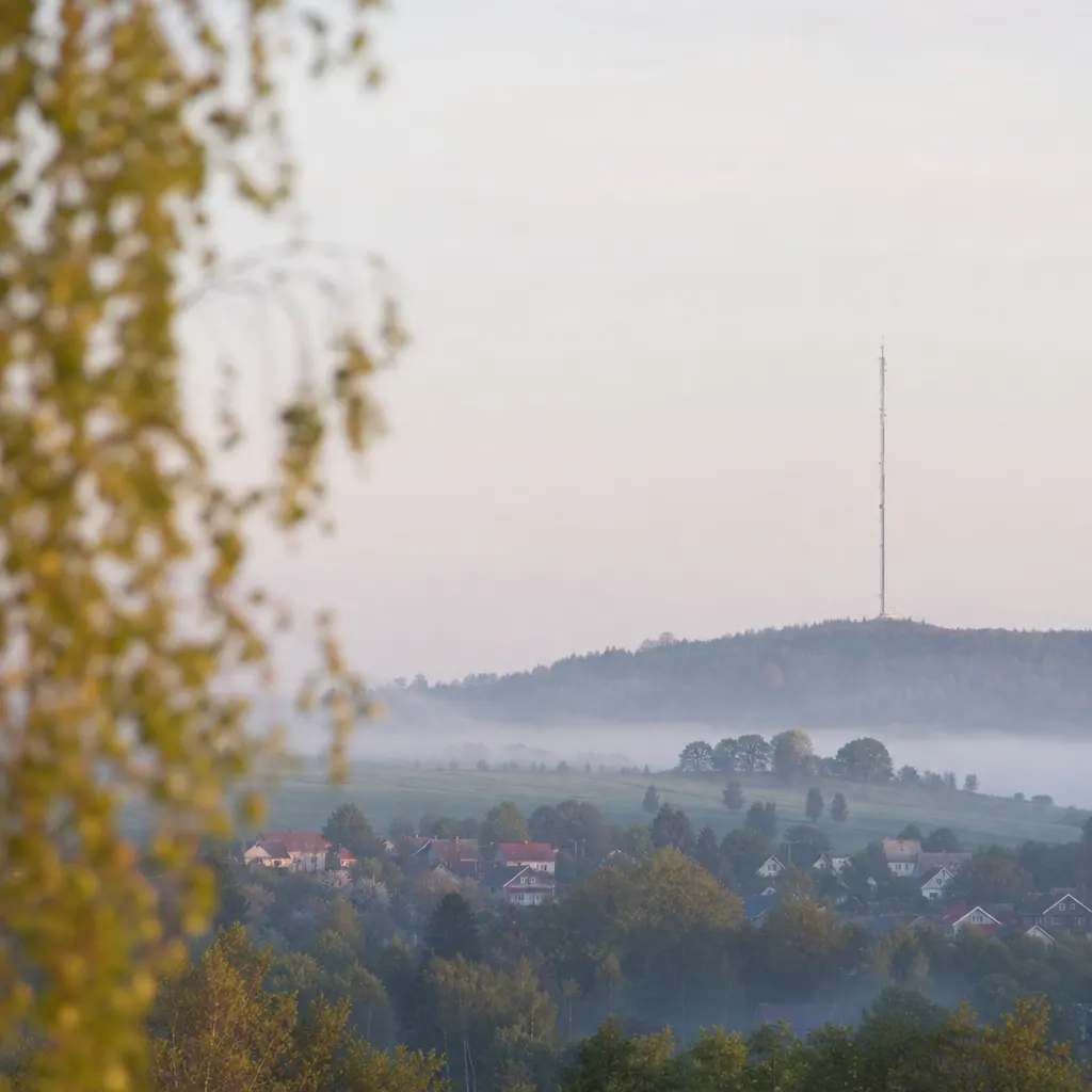 Vit 5G-router på en bokhylla i ett ljust svenskt vardagsrum med utsikt över ett villaområde