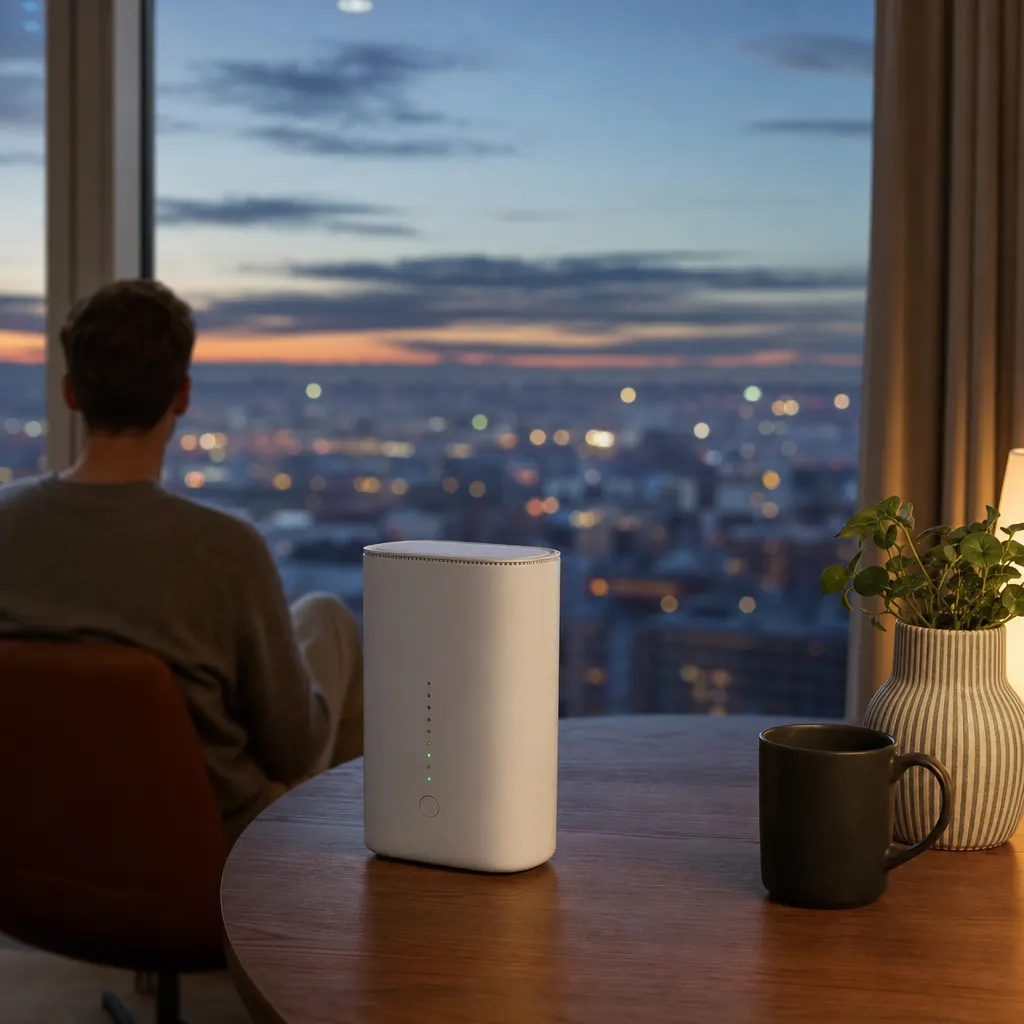 Modern 5G-router i ett hem i tätort med utsikt över hustak och en mobilmast i bakgrunden