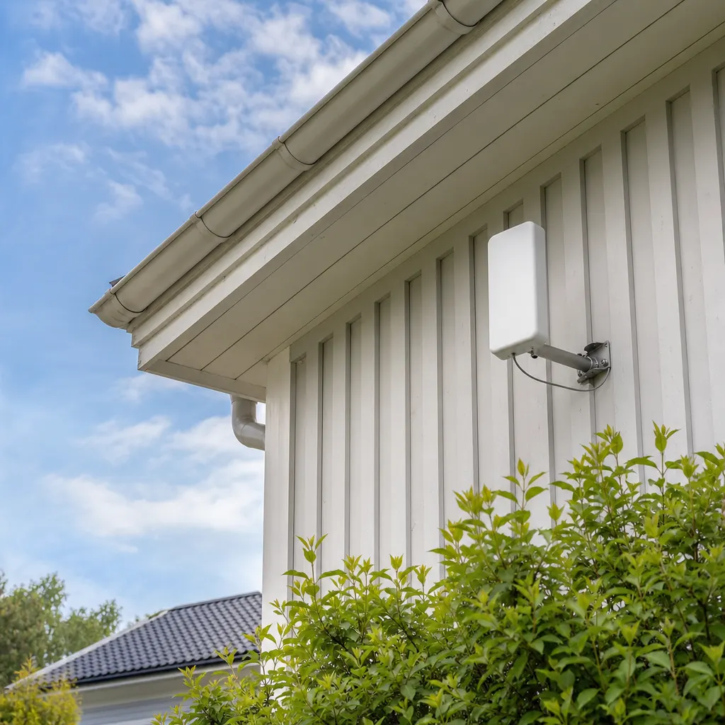 En MIMO 4×4 utomhuspanel monterad på en stång ovanför taknock på en svensk villa, med fyra kabelpiskor som leder in genom fasaden